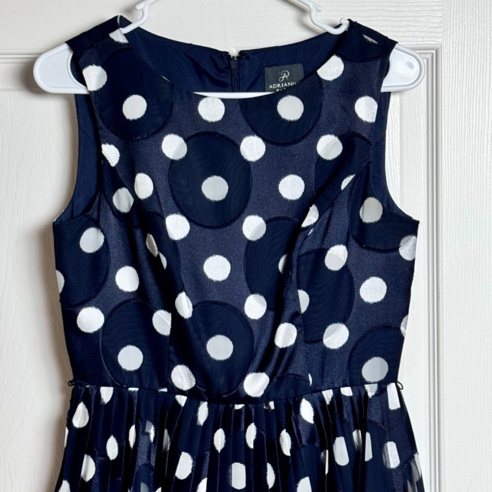 Adrianna Papell Navy Polka Dot Dress, Sleeveless Size 4 - Picture 5 of 11